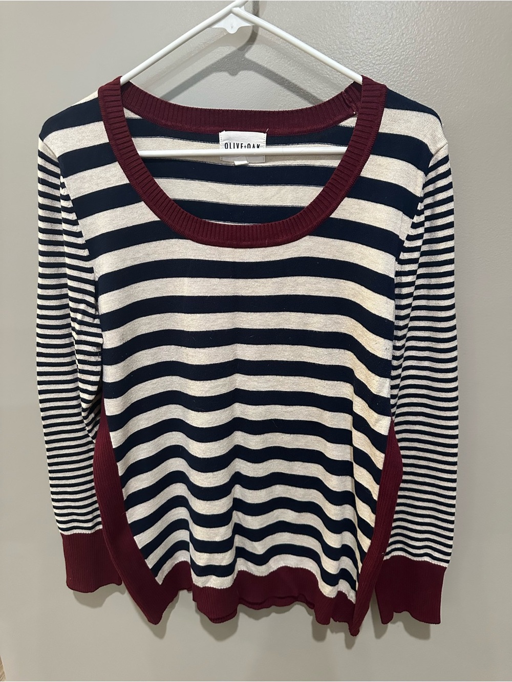 Olive & Oak Navy and Cream Striped Sweater with Burgundy Trim